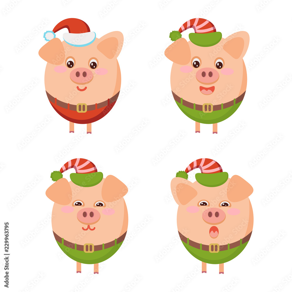 Pig elf, pig santa. Set of stickers icons. Vector illustration. Pig elf, pig santa. Set of stickers icons. Vector illustration.