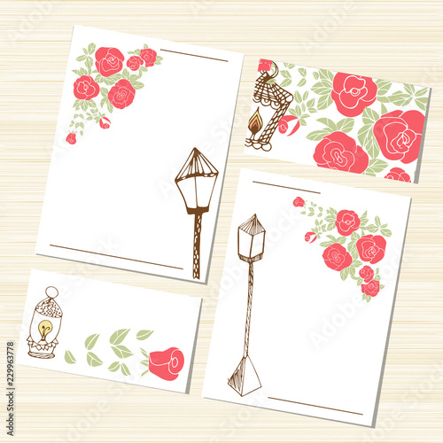 Romantic set. Template. Flowers, roses and fonar.Mozhet used as a greeting card, invitation, greetings. Sketch.