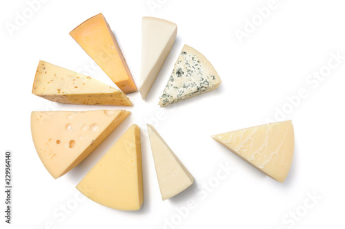Different kinds of cheeses isolated on white background.