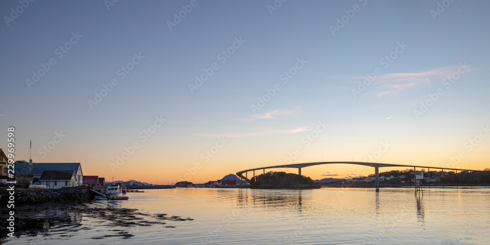 Sunset in Brønnøysund harbor area, Northern Norway,Bridge
