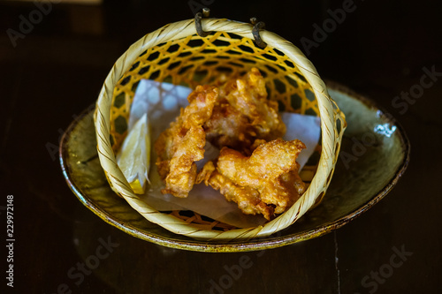 Fried Chicken Karaage in a bamboo basket