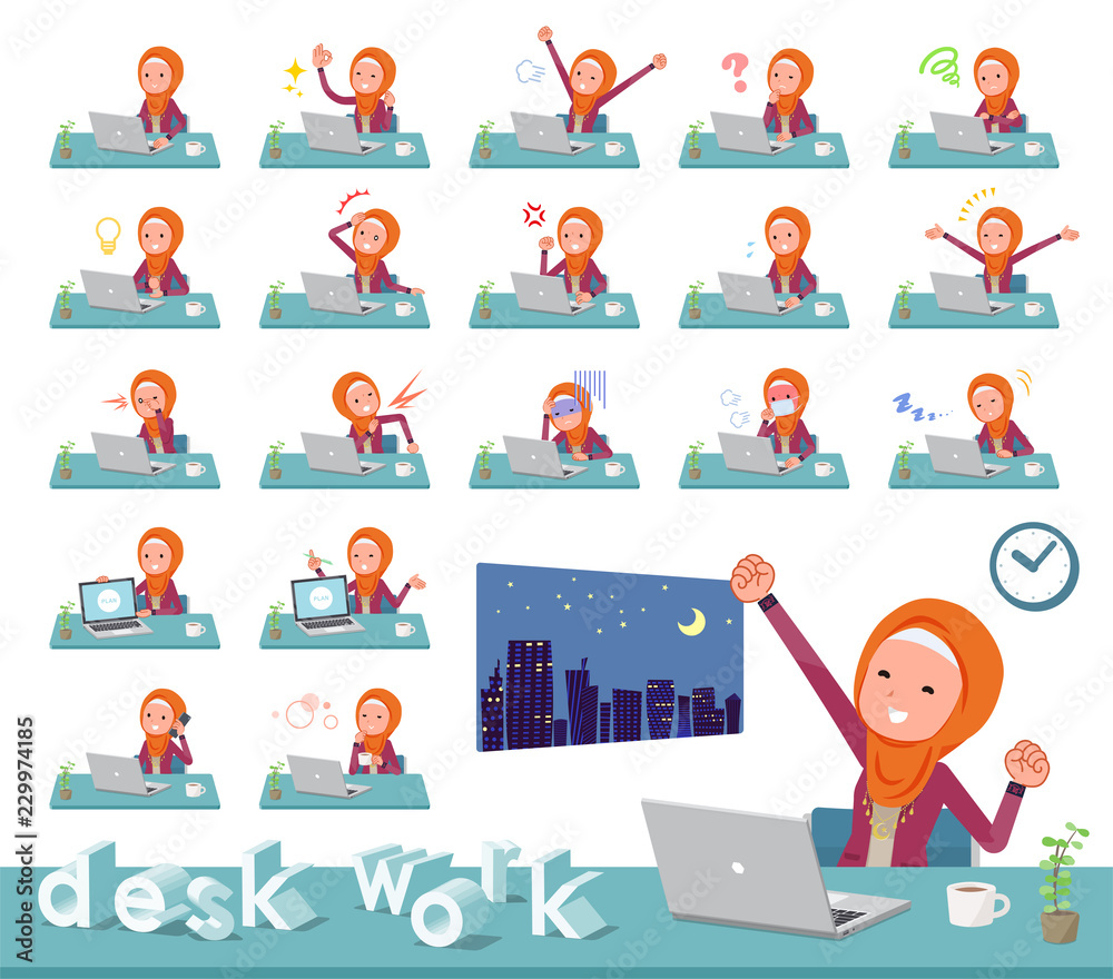 flat type Arab women orange Hijab_desk work