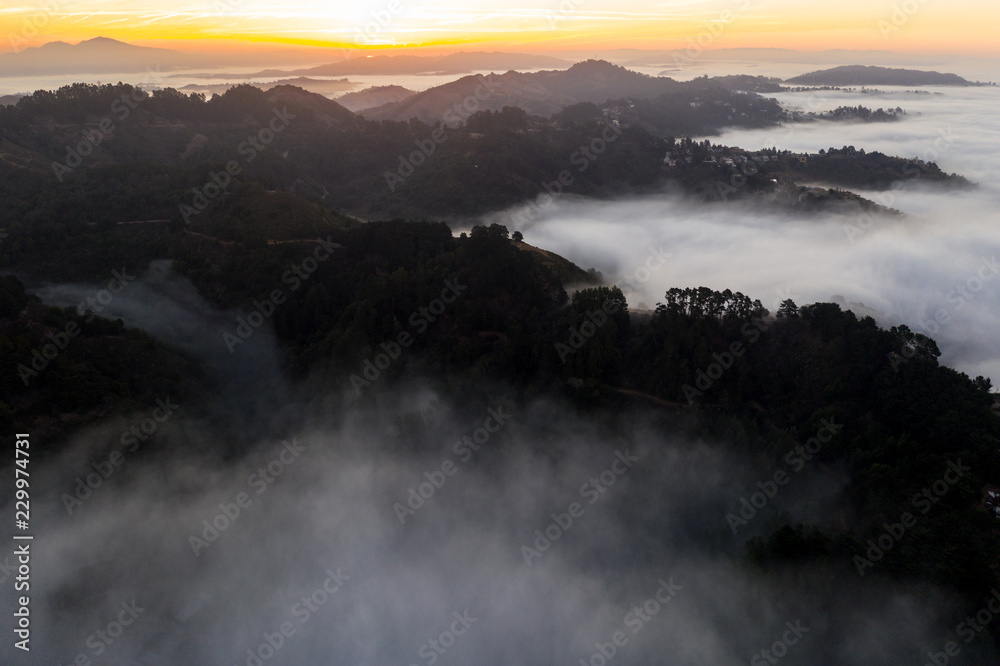 Aerial View of Sunrise Over Bay Area Hills and Misty Marine Layer