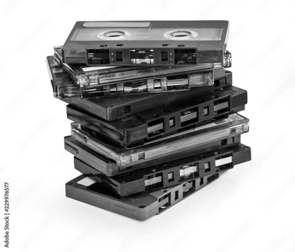 Obraz premium Old magnetic audio tape cassette isolated on white