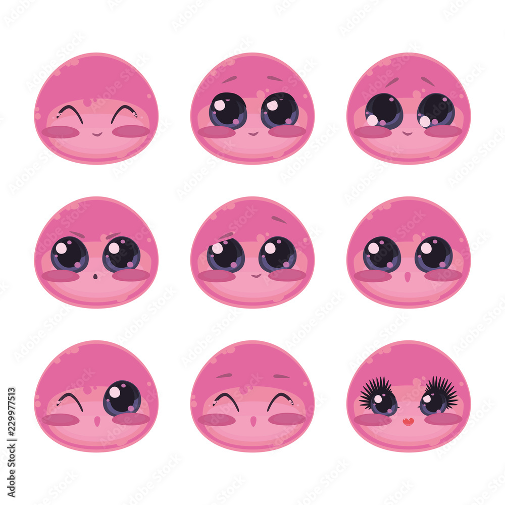 Pink cute kawaii Japanese Emoji glossy vector drops with glitter and