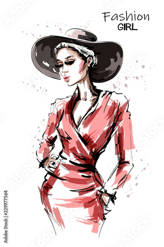 Hand drawn beautiful young woman in red dress. Stylish elegant girl in hat. Fashion woman portrait. Sketch.