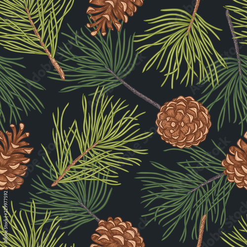 Hand draw engraving of a pine cone with cedar branches in a seamless pattern.