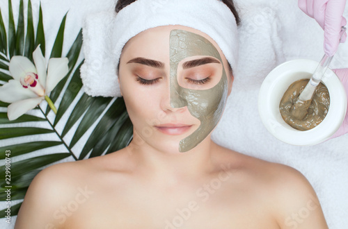 The procedure for applying a mask from clay to the face of a beautiful woman. Spa treatments and care of the face in the beauty salon.