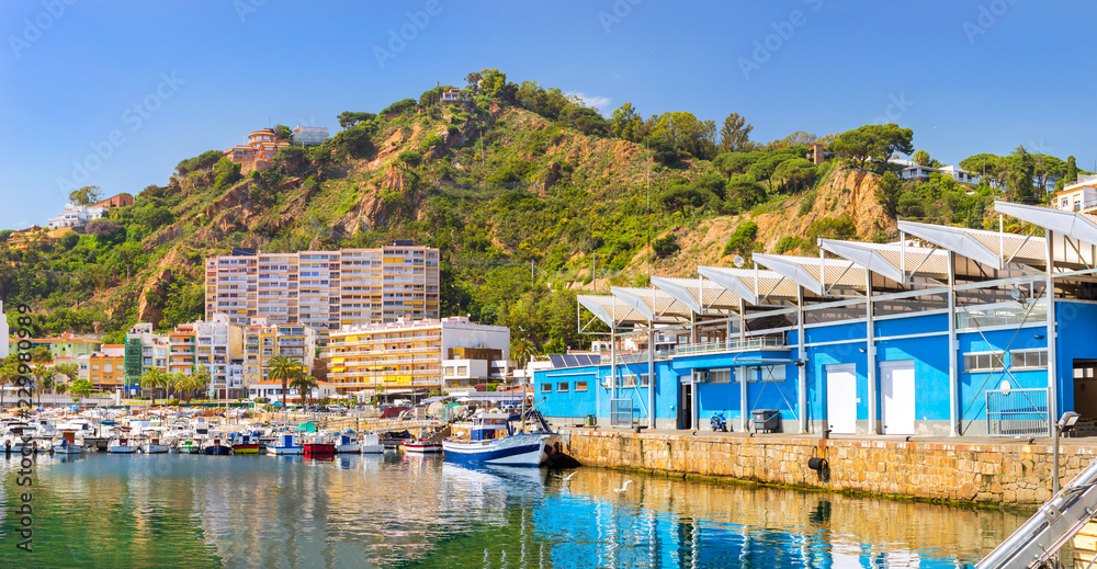 Fishing boats and yachts moored at pier in port Blanes. Motorboats with catch of sea fish, oysters, squid, sea delicacies. Fish auction for wholesalers and restaurants. Blanes, Spain, Costa Brava