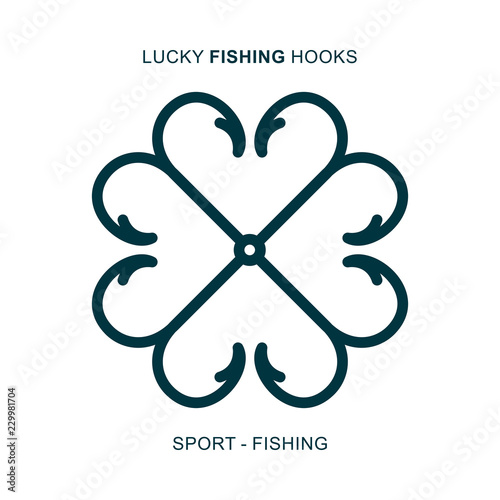 Fishing hook logo in shape of lucky clover and heat shaped leaves.
