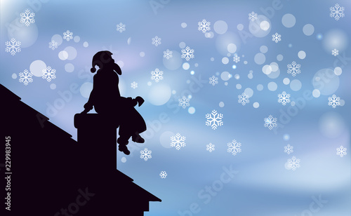Artwork background Happy Christmas, Santa Claus is a black silhouette sitting on chimney, enjoyed night snowfall. The view from the roof vector illustration