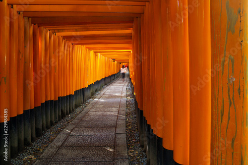 In the distance a woman walks through the Fushimi Inari Taisha Torii shrines in Kyoto, Japan, showing motion blur