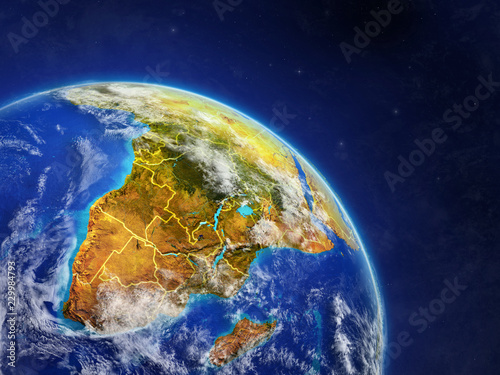 Africa from space. Planet Earth with country borders and extremely high detail of planet surface and clouds.