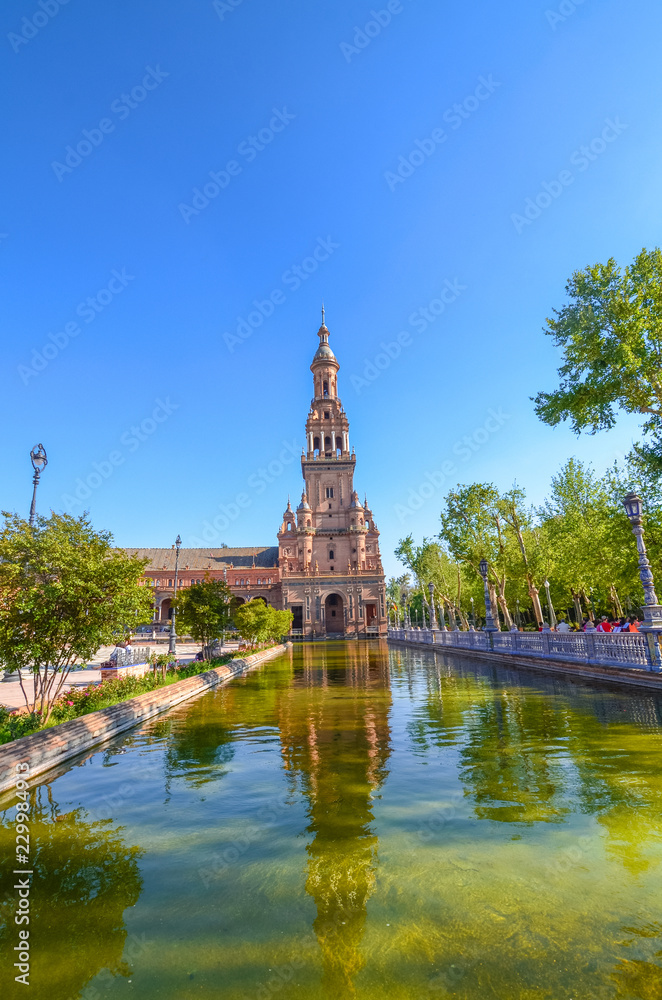 South tower of Plaza de Espana - plaza in Maria Luisa Park in Seville.
