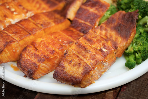 Grilled salmon fish close