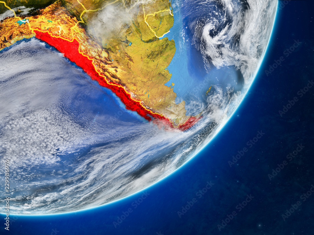 Fototapeta premium Chile on model of planet Earth with country borders and very detailed planet surface and clouds.