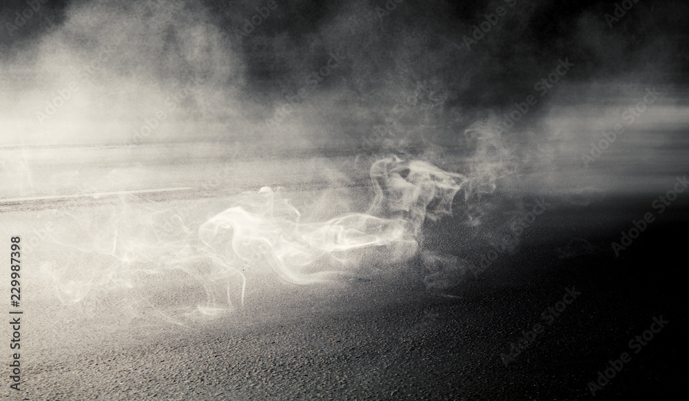 Fototapeta premium background of empty room at night, concrete floors and walls, neon light, fog, smoke, smog