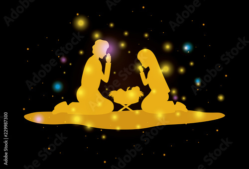 merry christmas card with holy family silhouette