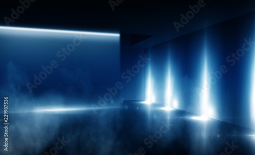 background of empty room at night, concrete floors and walls, neon light, fog, smoke, smog