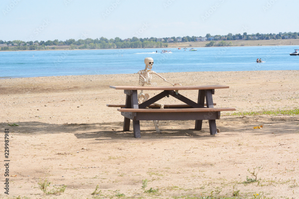 Halloween skeleton sitting at picnic bench on beach of drought-stricken lake reservoir with receding water level