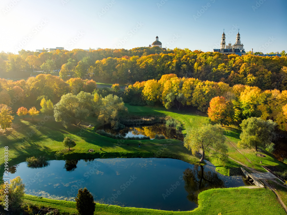 Aerial view of Vilnius cityscape shot from Subaciaus viewpoint on autumn sunset