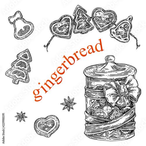 Set of Christmas gingerbread, Cookies, glass pot, and garland. Sketch. Engraving style. Vector illustration.