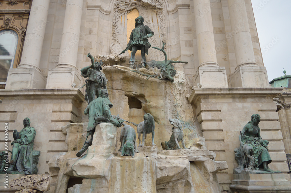 Fountain of King Matthias in Buda Castle in Budapest on December 30, 2017. Fountain of King Matthias in Buda Castle in Budapest on December 30, 2017.