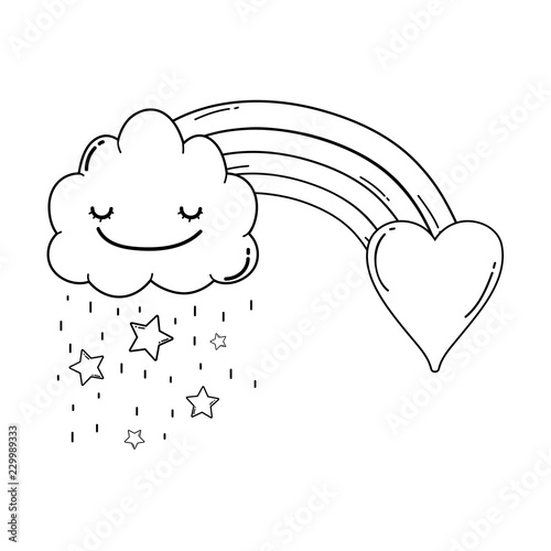 Cloud and rainbow cute cartoon in black and white