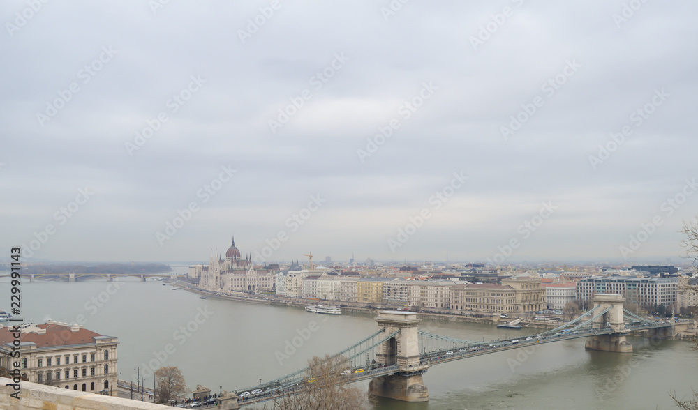 Hungarian Parliament Building from Buda castle in Budapest on December 29, 2017.