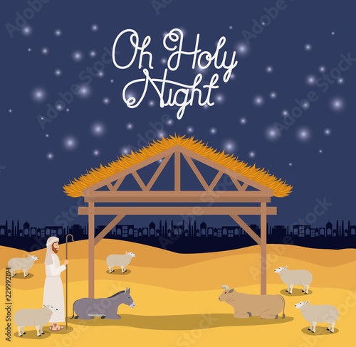 christmas card with manger stable and sheeper photo