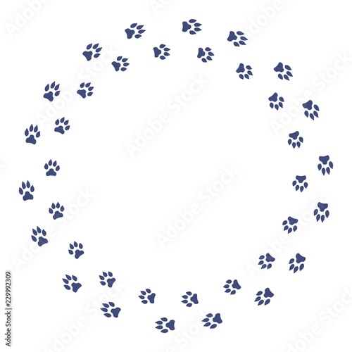 Round frame with dog tracks isolated on white background. Vector illustration.