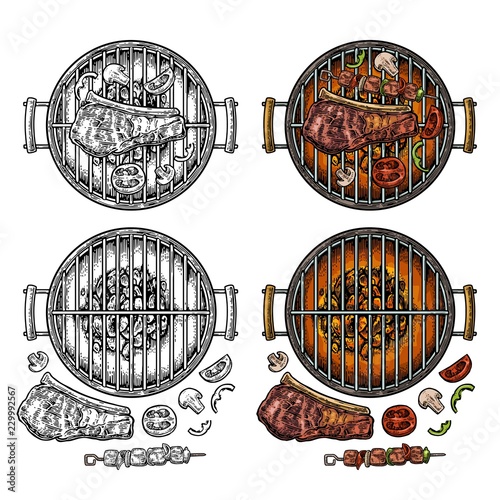 Barbecue grill top view charcoal, kebab, mushroom, tomato, pepper, steak