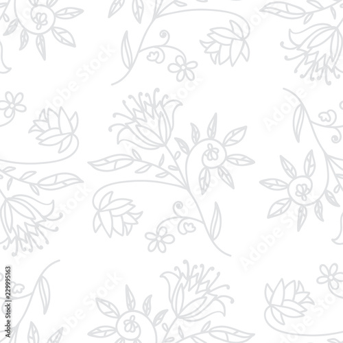 Doodle abstract floral seamless pattern with flowers, branches and leaves. Vector illustration.