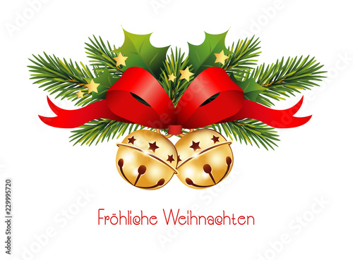 Weihnachtskarte in deutsch mit Tannenzweige, Schellen Glöckchen,
Ilex Zweige, rote Schleife und Gold Sternchen, 
Weihnachtsbanner, 
Vektor Illustration isoliert auf weißem Hintergrund 