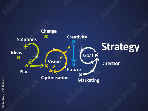 Strategy 2019 word cloud blue background vector