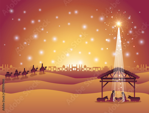 christmas desert scene with holy family in stable