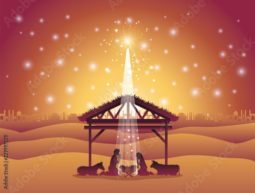 christmas desert scene with holy family in stable