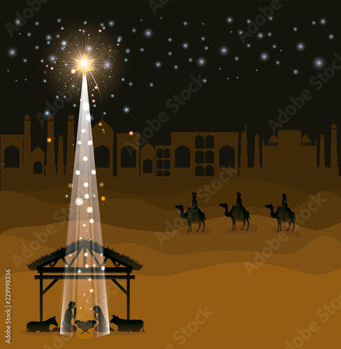 christmas desert scene with holy family in stable