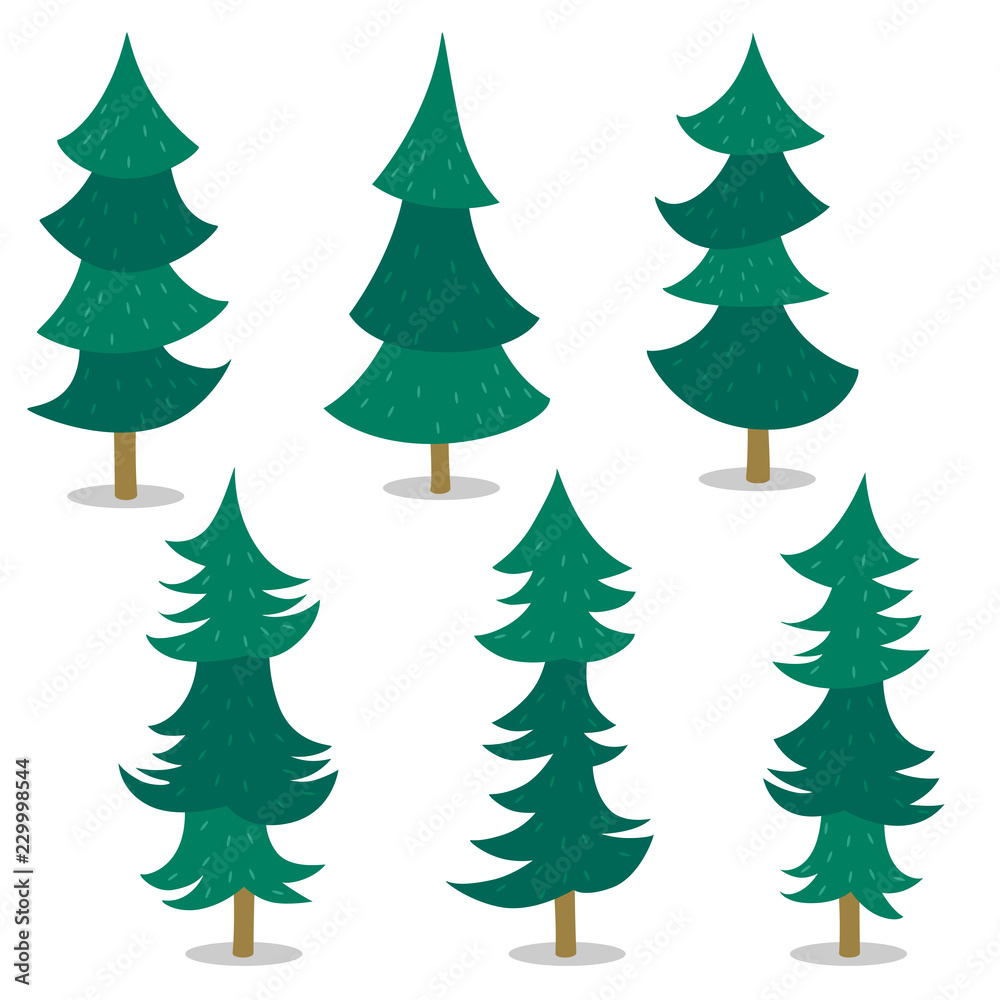 vector cartoon cute hand drawn flat pine tree template collection set