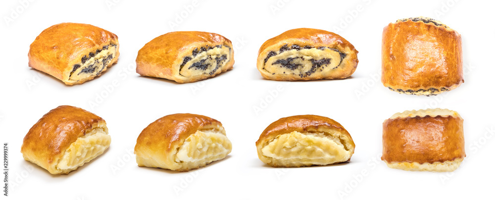 set of perspectives of fresh pastry with cottage cheese and poppy seeds