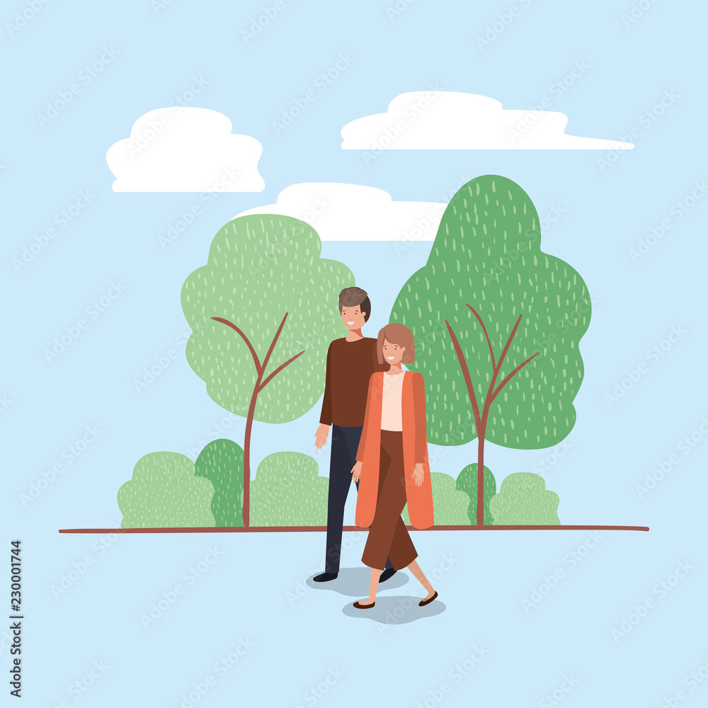 young couple walking on the park character young couple walking on the park character