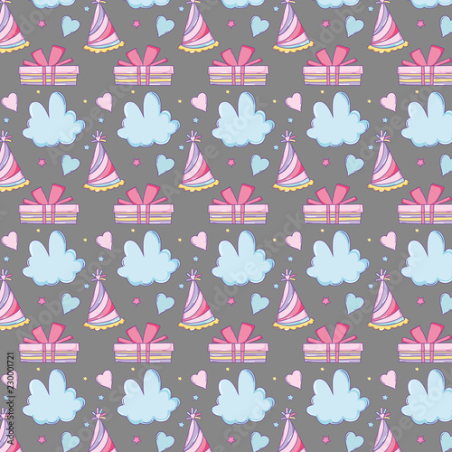 party hat wth clouds and presents to birthday celebration background