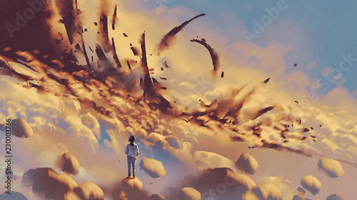Obraz na plátne surreal scenery showing the girl looking at mysterious things on clouds, digital