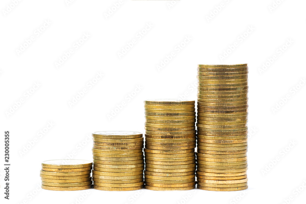 Savings, increasing columns of gold coins, piles of gold coins arranged as a graph on white background, business banking. Savings, increasing columns of gold coins, piles of gold coins arranged as a graph on white background, business banking.