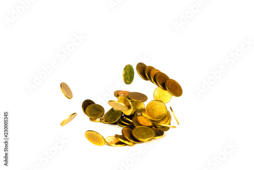 Movement of falling gold coin, flying coin, rain money isolated on white background, business and financial wealth and take profit concept.