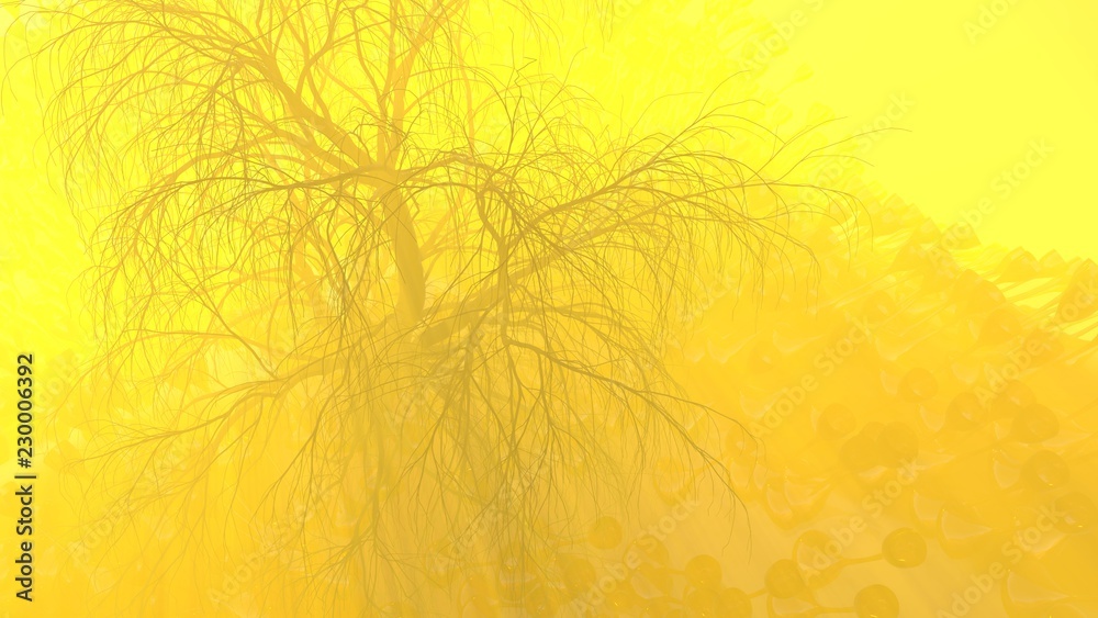 Mountain, fog, mist abstract meadow field full of strange vegetation in form of wine glasses and lit by bright sun god rays with lonely tree without leaves. Unusual 3d illustration. Travel and camping Mountain, fog, mist abstract meadow field full of strange vegetation in form of wine glasses and lit by bright sun god rays with lonely tree without leaves. Unusual 3d illustration. Travel and camping