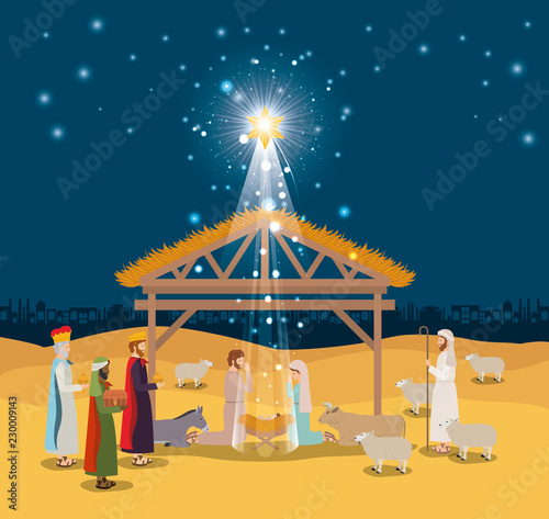 holy family in stable with wise kings manger