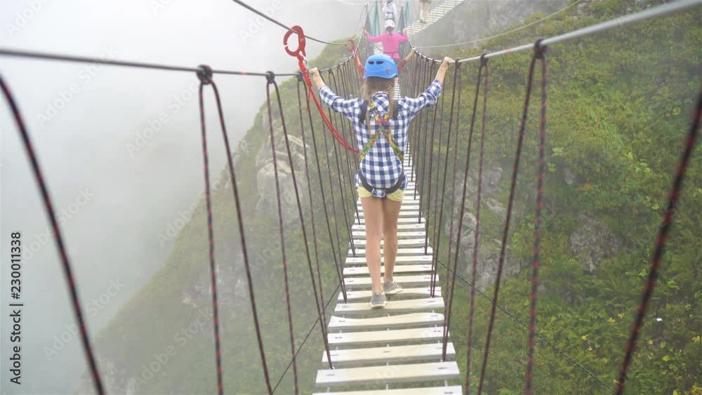 The rope bridge on the top of mountain of Rosa Khutor, Russia