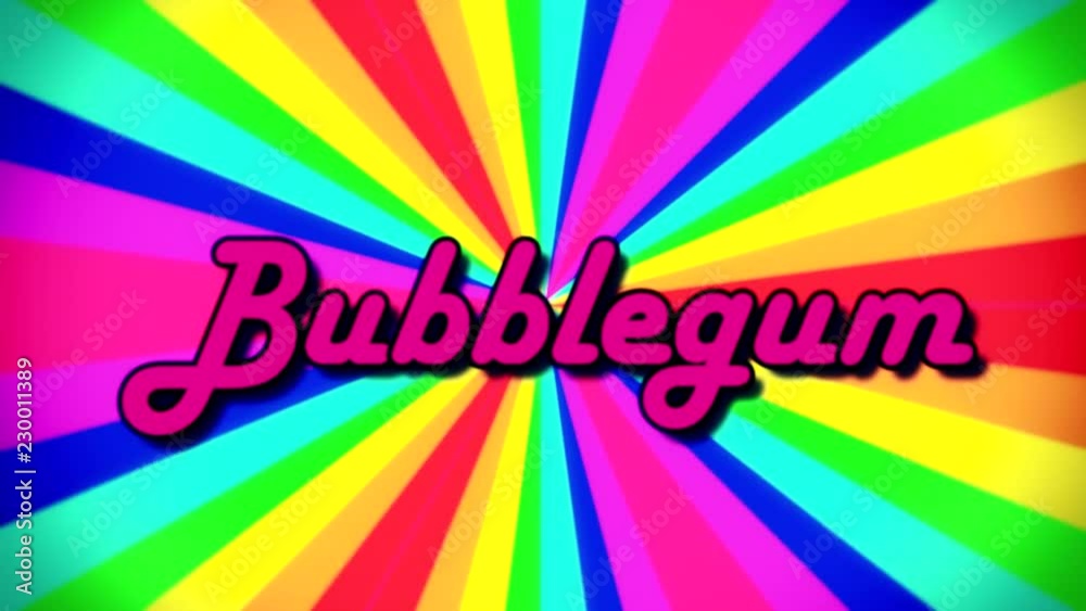 The text Bubblegum, fancy font, appearing on a rainbow pinwheel colorful animation, moving rays of different colors. 1980s retro vintage intro.
