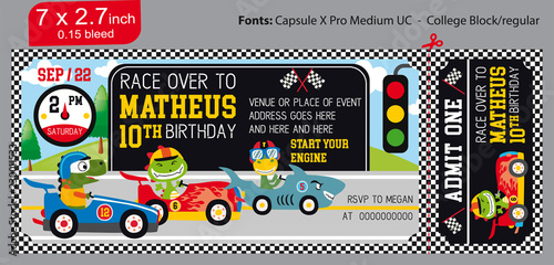 Kids in Race Car. Ticket invitation birthday. Racing Party. Car race invite. ticket black